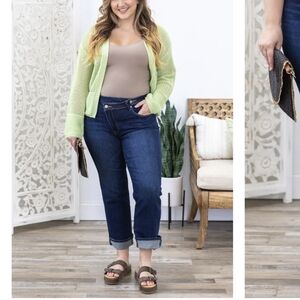 Risen Jeans 1XL Criss Cross Button High Rise Barrel Leg Dark Wash Jeans